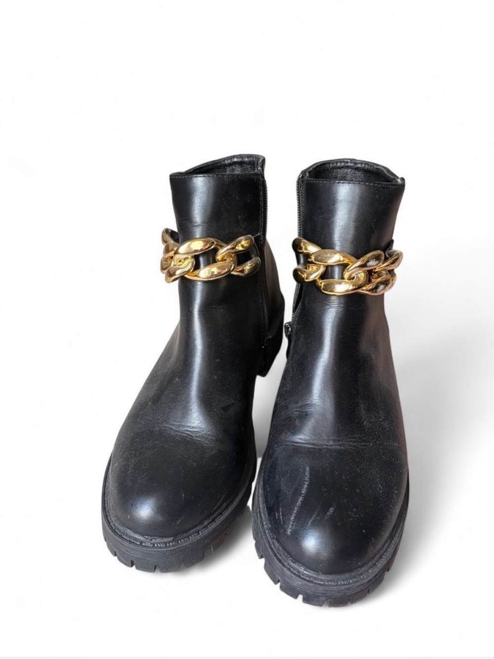 Nicole Miller Elle Black Ankle Boots Gold Chain Size 6.5